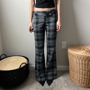 y2k vintage gray black plaid minimalist punk low rise flared leg trousers pants